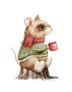 Watercolor Christmas cartoon mouse in clothes drink and sit on stump