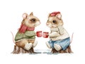 Watercolor Christmas cartoon pair of mice in clothes drink and sit on stumps