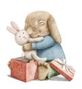 Watercolor Christmas cartoon rabbit in clothes unpack gift box and hug toy present Royalty Free Stock Photo