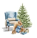 Watercolor Christmas cartoon squirrel in dress clothes open present box near the tree and armchair