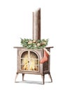 Watercolor Christmas cartoon wood burning stove and sock