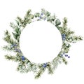 Watercolor Christmas circle frame with fir, eucalyptus branches and berries. Hand painted holiday plants isolated on Royalty Free Stock Photo