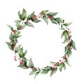 Watercolor Christmas circle wreath with branches and red berries. Hand painted holiday card with plants isolated on