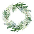 Watercolor Christmas classic wreah with fir branch, twigs spruce, wild flowers, pampas grass. Winter greenery frame Royalty Free Stock Photo