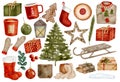 Watercolor Christmas clipart set. Hand drawn fir branch, christmas tree, mug, gift box, sleigh, candle, ginger cookie, sweater, Royalty Free Stock Photo