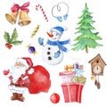 Watercolor christmas clipart tree snowman clock Santa Claus