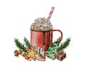 Watercolor Christmas cocoa, hot chocolate, red cup, gingerbread, icing, green fir branch, chocolate candies, white background Royalty Free Stock Photo