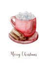 Watercolor Christmas coffee or hot chocolate mug. Hand painted New Year decor isolated on white background