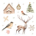 Watercolor Christmas collection. Deer and bird, wooden house in winter forest, snowflake and toy ball. Retro style