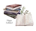 Watercolor Christmas composition with books and fir branches. Hand painted winter greeting card with stack of books