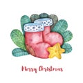 Watercolor Christmas composition of Christmas boots, a yellow star and green foliage