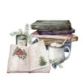 Watercolor Christmas composition with cup of cocoa, candle, books and fir branches. Hand painted holiday card isolated
