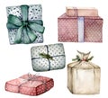 Watercolor Christmas composition with package and gift boxes. Hand painted card with colorful boxes with bows isolated