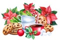 Watercolor Christmas composition on a white background. chocolate biscuits and a cup of cocoa