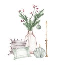 Watercolor christmas compositions with vase fir branches xmas ball pillows candle Royalty Free Stock Photo