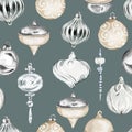 Watercolor Christmas crystal bulb decorations hand drawn seamless pattern