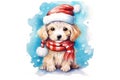 Watercolor Christmas cute couple of puppies on white background