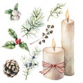 Watercolor Christmas decor with candles. Hand painted pine cone, bow, juniper and fir branch, holly and snowberry Royalty Free Stock Photo