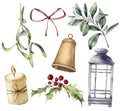Watercolor Christmas decor with plant and berries. Hand painted eucalyptus, snowberry, bell, red bow, candle, mistletoe