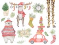 Watercolor Christmas decor set with moose, polar bear, giraffe legs, car with presents, pine tree, clock, letter and socks. Royalty Free Stock Photo