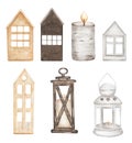 Watercolor Christmas decoration clipart set, candle illustration, winter house decor clip art, lantern print