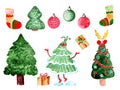 Watercolor christmas decorations with different christmas trees, toys and traditional holiday gifts isolated on white. Royalty Free Stock Photo