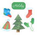 Watercolor Christmas decorations set with hat, socks, mittens and Christmas tree. Illustration for holiday design isolated on a Royalty Free Stock Photo