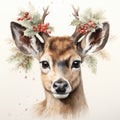 Watercolor Christmas deer. Winter card design with deer. Generative AI