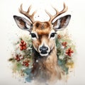 Watercolor Christmas deer. Winter card design with deer. Generative AI