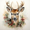 Watercolor Christmas deer. Winter card design with deer. Generative AI