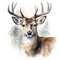 Watercolor Christmas deer. Winter card design. Generative AI Royalty Free Stock Photo