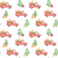 Watercolor Christmas digital paper, red cars seamless pattern, Christmas trucks background, wrapping design, textile pattern Royalty Free Stock Photo