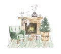 Watercolor christmas evening compositions with fireplace chair xmas tree