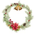 Watercolor christmas fir wreath with bells, holly, mistletoe and poinsettia. New year tree branch wreath for design Royalty Free Stock Photo