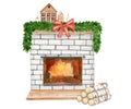 Watercolor Christmas fireplace with christmas decor on mantel shelf and pile of firewoods. Hand painted white brick Royalty Free Stock Photo