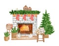 Watercolor Christmas fireplace illustration. Hand drawn scene with burning fire place, hanging stockings, Christmas tree Royalty Free Stock Photo