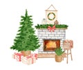 Watercolor Christmas fireplace illustration. Hand drawn scene with burning fire place, Christmas tree and winter decor Royalty Free Stock Photo