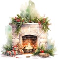 Watercolor Christmas fireplace isolated. Home fire place with gifts, candles, firs Royalty Free Stock Photo