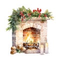Watercolor Christmas fireplace isolated. Home fire place with gifts, candles, firs Royalty Free Stock Photo