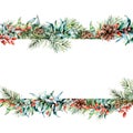 Watercolor Christmas floral banner. Hand painted floral garland with berries and fir branch, eucalyptus leaves, pine