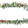 Watercolor Christmas floral banner. Hand painted floral garland with berries and fir branch, pine cone, bells and ribbon