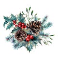 Watercolor Christmas Floral Decoration Isolated on White