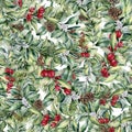 Watercolor Christmas floral pattern. Hand painted snowberry and fir branches, berries and leaves, pine cones isolated on