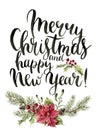 Watercolor christmas floral print witn Merry Christmas lettering. New year tree branch with poinsettia, mistletoe, holly Royalty Free Stock Photo