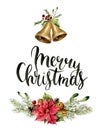 Watercolor christmas floral print witn Merry Christmas lettering. New year tree branch with poinsettia, mistletoe, holly Royalty Free Stock Photo