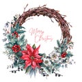 Watercolor Christmas Floral Wreath Isolated on White