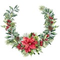 Watercolor Christmas floral wreath with poinsettia. Hand painted snowberry and fir branches, red berries with leaves Royalty Free Stock Photo