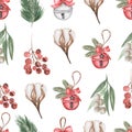 Watercolor Christmas florals and toys seamless pattern, red berries branch and cotton repeat paper, Winter print, holidays decor