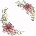 Watercolor Christmas florals wreath. Hand drawn winter bouquet with Poinsettia flower and fir branches, holly with berries Royalty Free Stock Photo