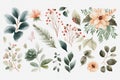 Watercolor christmas flowers and leaves on white background. Generative ai design Royalty Free Stock Photo